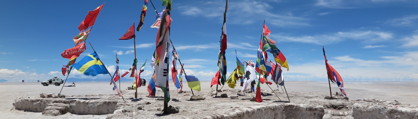Many country flags in Salar de Uyuni