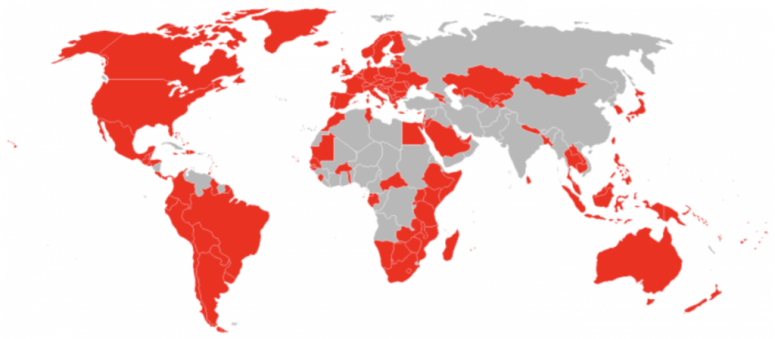 World map with visa free countries for Amricans highlighted